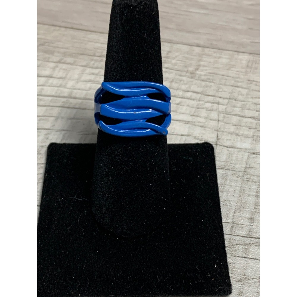 Cobalt Blue Enamel‎ Wavy Multi Strand Cage Statement Ring Adjustable Size 8